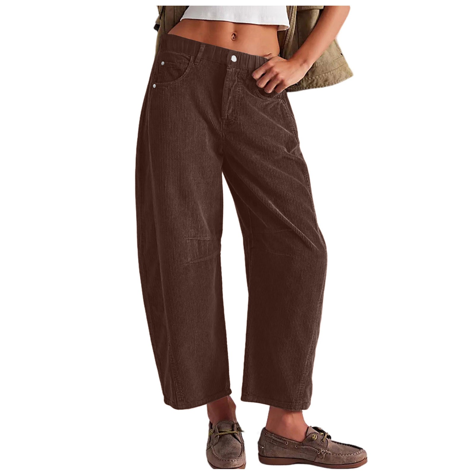 thumbnail image 1 of Pantalones de pana con cintura elástica de altura media para mujer: pierna ancha, trabillas para cinturón, pantalones informales para el día a día., 1 of 4